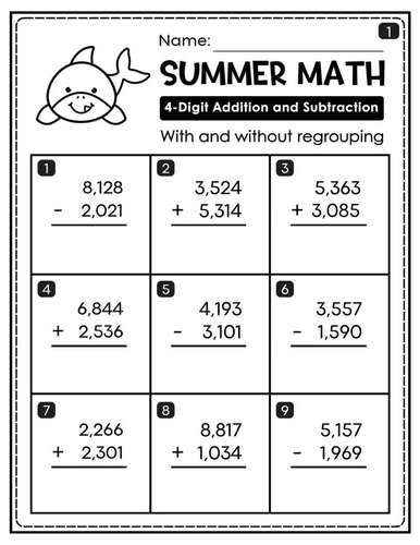Summer Shark Math Fun | 4-Digit Addition & Subtraction Worksheets | Math drill