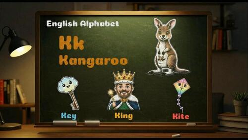Preview of Animated chalkboard video showing the letter K with colorful chalk drawings.