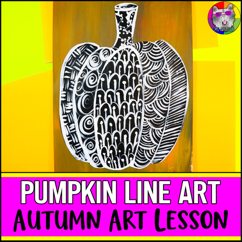 Preview of Autumn Line Art Lesson, Pumpkin Art Project Activity for Middle School