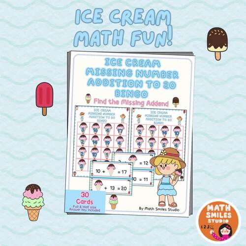 Ice Cream Missing Number Addition to 20 Bingo | Summer Math Game 1st Grade