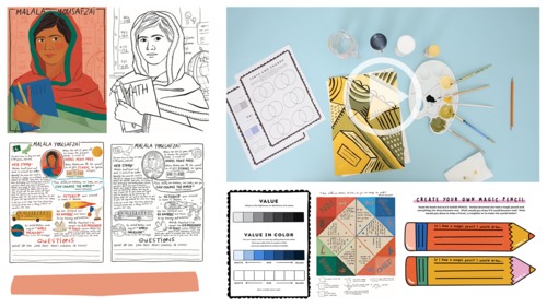 Preview of Malala Yousafzai Advanced Art Craft Lesson, Cute Fact Sheet, Printables, More!