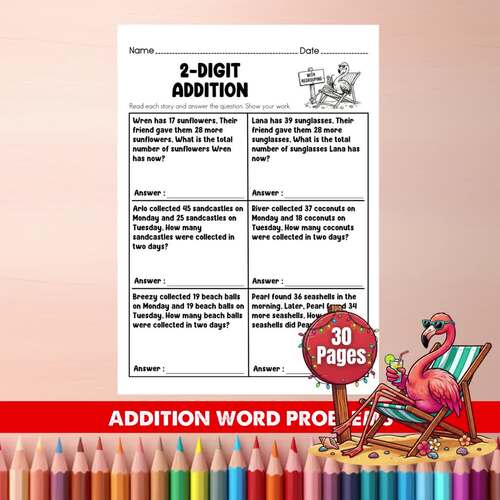 2-Digit Addition Word Problems Worksheets (With Regrouping) | Summer Math