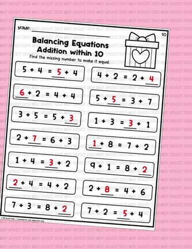 Valentine's Day Addition Balancing Equations Within 10 Missing Number Math