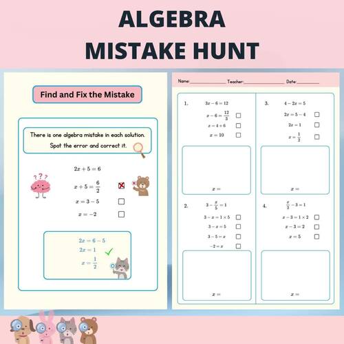 Algebra Mistake Hunt, Correct the mistake, Error analysis, maths worksheet