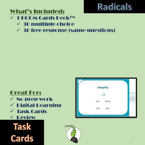 Simplifying Radicals Algebra 1 Boom Task Cards by Grasshopper Mathematics