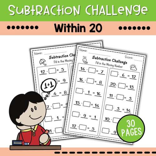 Subtraction Challenge within 20 worksheet | 1st grade math | 30 pages