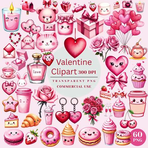 Valentine Clipart Bundle | Cute Kawaii Pink Hearts & Sweets | 60 PNG ...