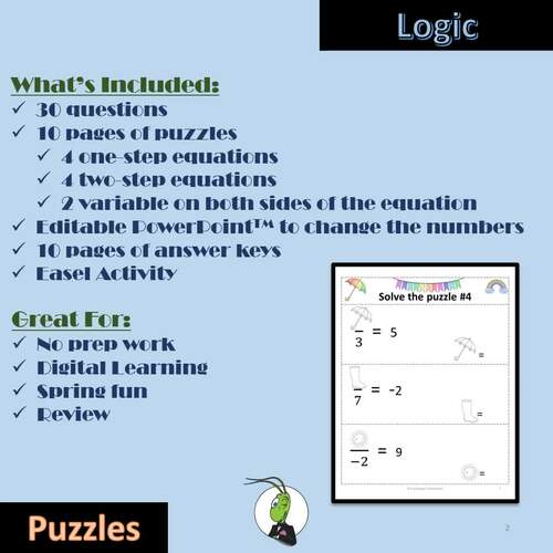 Spring Solving One and Two Step Equations | Logic Puzzles | Algebra 1