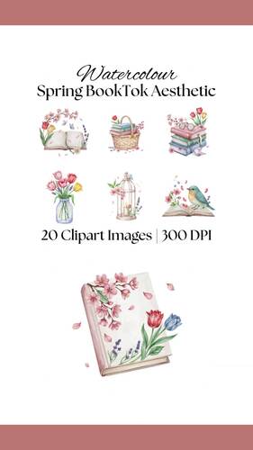 20 Spring BookTok Watercolor Clipart PNG, Cherry Blossoms, Books, BirdS