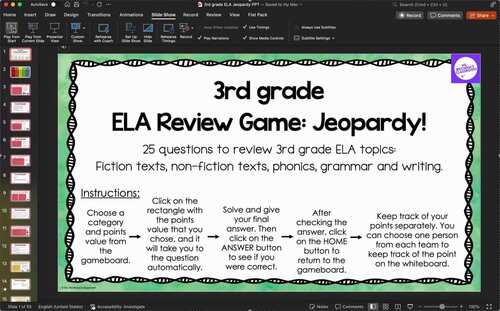 3rd grade End of Year or 4th grade Beginning of Year ELA Review Game ...