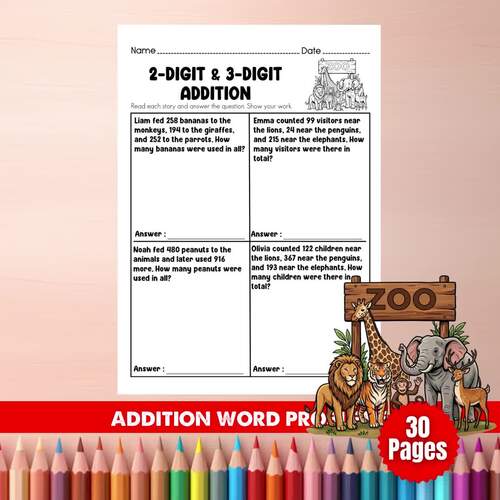 Zoo 2-Digit and 3-Digit Addition Word Problems Grade 3 Worksheets with ...