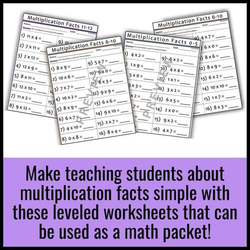 Multiplication Facts Worksheets Packet Math Fact Fluency Special Education Math