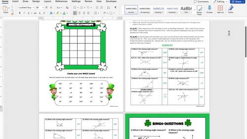 St Patricks Day Math Activity 7th/8th Grade Angle Relationships Review Game