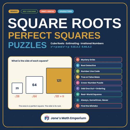 Square Roots and Perfect Squares Puzzles 8th Grade | Cube Roots | 8.EE.A.2