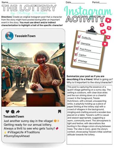 "The Lottery" Instagram Character Trait Activity: No-Prep, CCSS ...