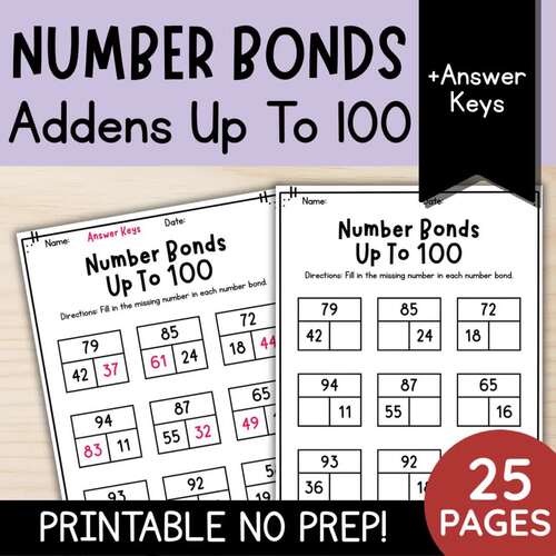 Number Bonds Up To 100 Missing Addends | 1st & 2nd Garde Math | TPT