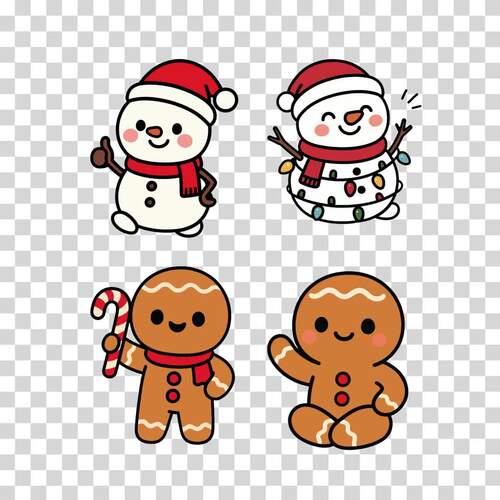Cute Christmas Clipart Bundle | Kawaii Gingerbread PNG | Snowman Clipart