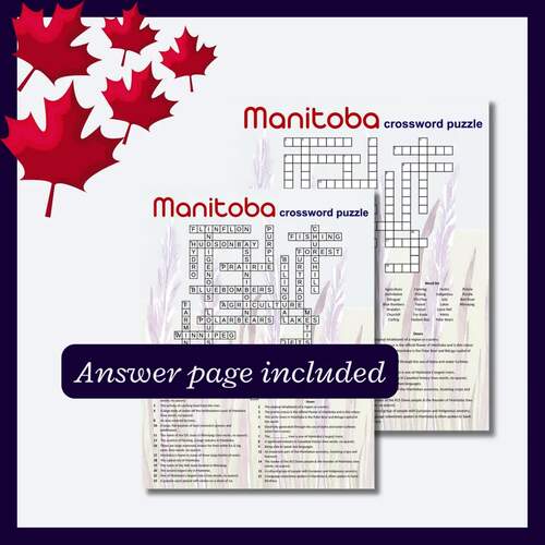 Manitoba crossword for vocabulary research activity or parties Grade 4 