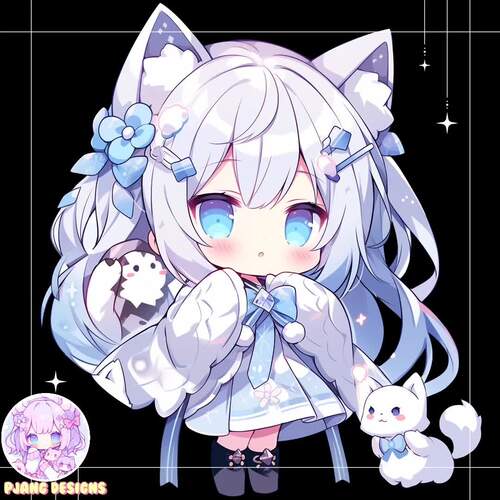 Kawaii blue cat girl Cute Chibi anime girl and cat art set Stickers