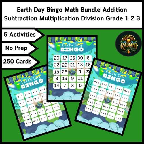 Earth Day Bingo Math Bundle Addition Subtraction Multiplication Division