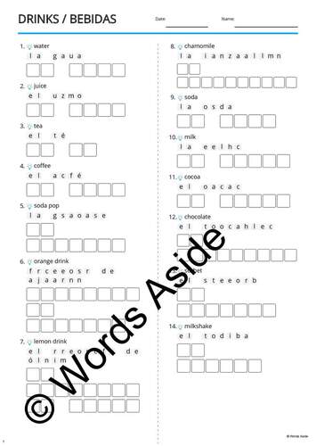 Spanish English Bilingual Vocabulary Worksheets Cards Puzzles Games DRINKS