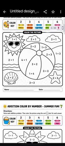 Addition to 10 Color by Number Code Summer Math Worksheets Kinder 1st Grade
