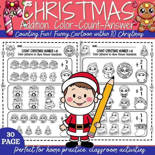 Christmas Addition Coloring Count and Add Within 10 Activity Worksheet