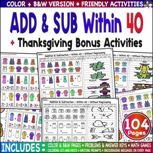 Add & Sub Numbers Within 40 Picture-Based Math Practice Worksheets