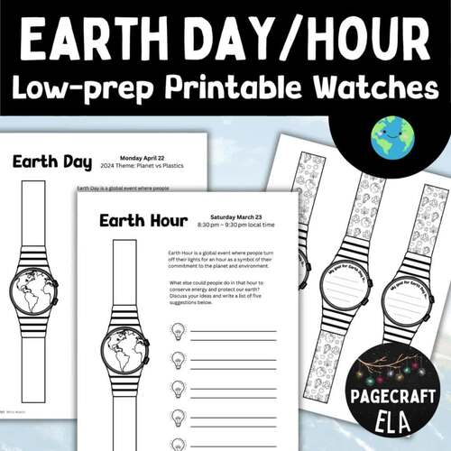 Printable Earth Day or Earth Hour Worksheet and Paper Wrist Watch Templates
