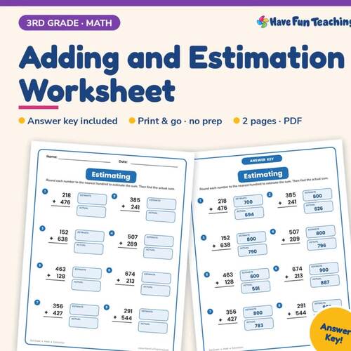 Adding and Estimation Worksheet | 3rd Grade Basic Operations Practice