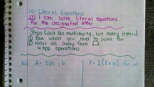 Preview of 1.5: Video Notes Literal Equations