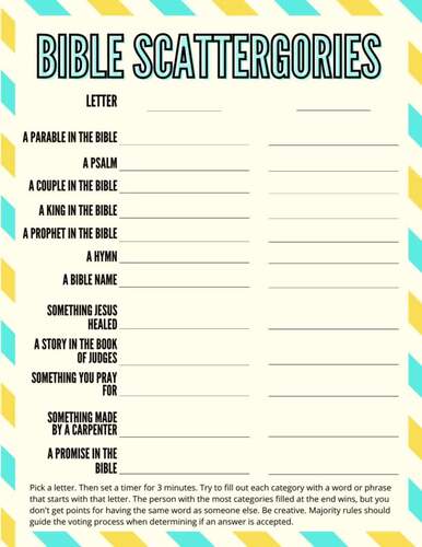 Bible Scattergories | Bible Games | Church Games | Bible Printables
