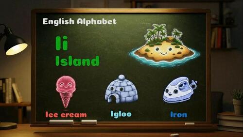 Preview of Animated chalkboard video showing the letter I with colorful chalk drawings.
