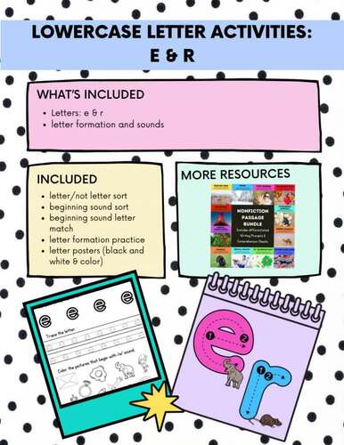 Lowercase Letter Phonics and Handwriting Activities: e and r by Ms Beh in K