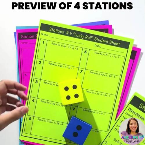 Solving Equations Math Stations Centers Task Cards Puzzle Dice Games