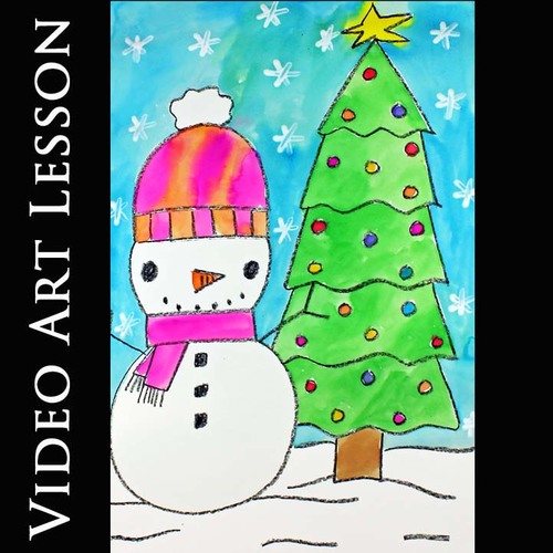 Preview of SNOWMAN & CHRISTMAS TREE Art Lesson | EASY Drawing & Watercolor Painting Project