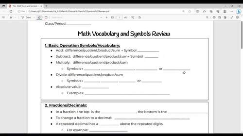 Preview of VIDEO Math Vocabulary and Symbols Review
