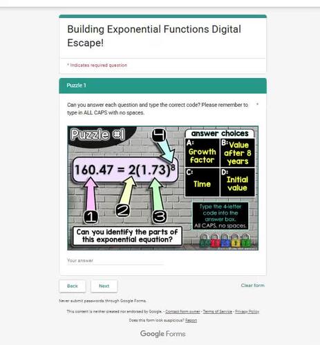 Exponential Functions Digital Math Escape Room Algebra Activity