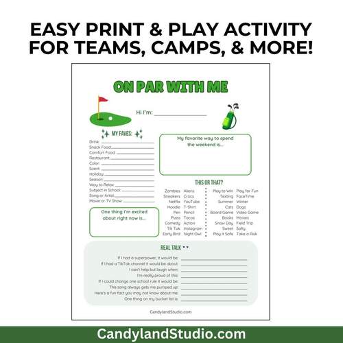 Golf Get to Know You Worksheet Activity High School Printable PDF