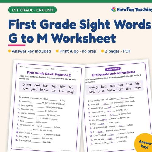 First Grade Sight Words G to M Worksheet | 1st Grade with Answer Key