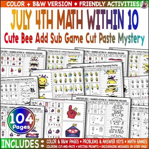 4th of July Add Sub Within 10 Cute Bee Math Cut Paste Game Color ...