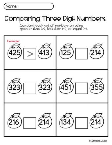 Comparing Three-Digit Numbers Worksheets | Greater Than Less Than Place ...