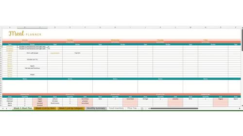 Meal Planner with Automated Grocery List Excel Spreadsheet - Teal and Gold