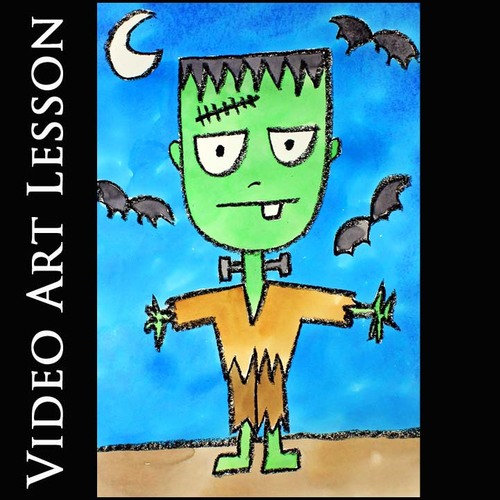 Preview of FRANKENSTEIN and BATS Art Project | EASY HALLOWEEN Drawing & Painting Lesson