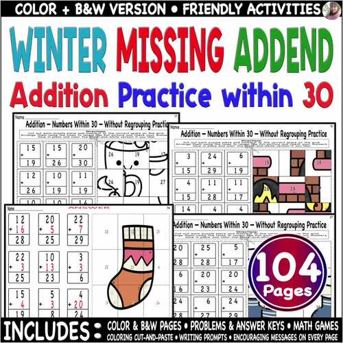 Winter Addition Color Code Picture Missing Addend to 30 Holiday Math Coloring.
