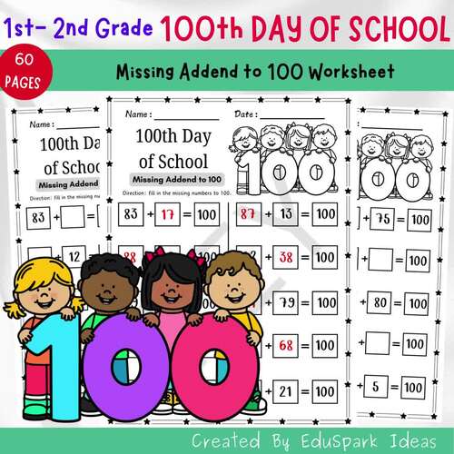 100th Day of School - Missing Addend to 100 Worksheet | 1st-2nd Grade
