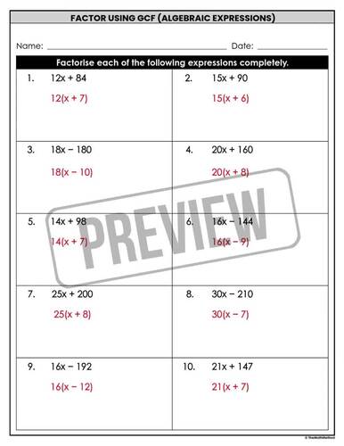 Factoring Using GCF Worksheets | Algebraic Expressions | Simplifying ...