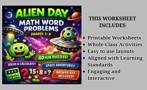 Alien Day Math Mission: 40 Word Problems with Answer Keys for Grades 2–8