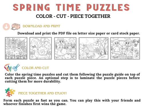 Spring Coloring Puzzle Printable | Fine Motor Activity for Kids | Preschool PDF