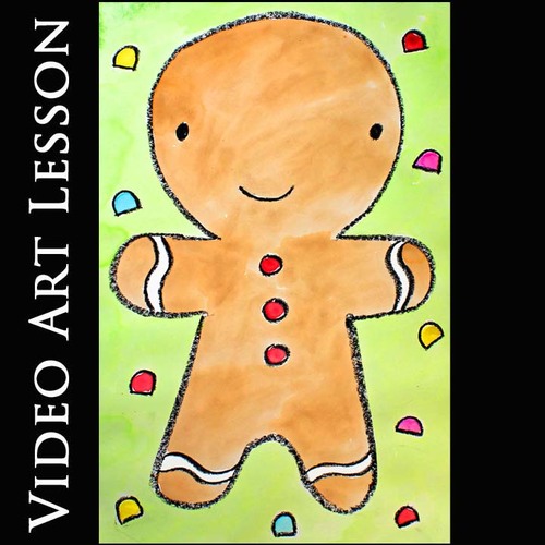 Preview of GINGERBREAD MAN Art Lesson | CHRISTMAS Drawing & Watercolor Painting Project